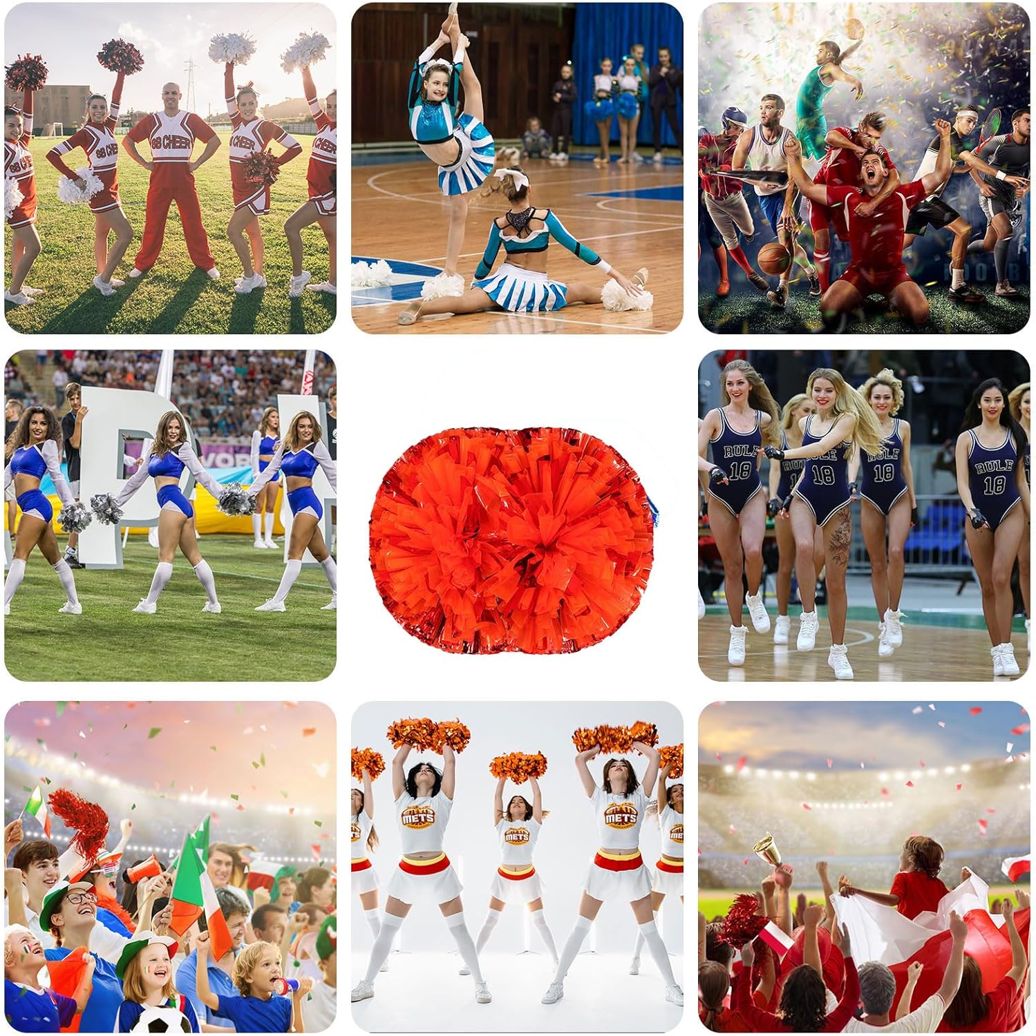 Cheerleader Pom Poms 12 Pack Sports Dance Cheering Plastic Metallic Cheerleading Pom Poms for Kids Adults