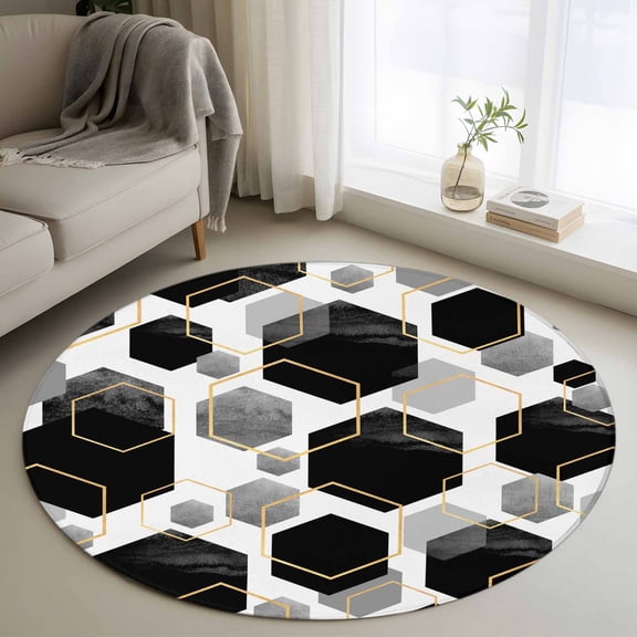 Black Grey Round Rug 3ft Washable Circle Entryway Rugs Non Slip Geometric Gold White Hexagon Modern Area Rug Indoor Floor Carpet for Bedroom Kitchen Living Room Home Office Dining Room Nursery