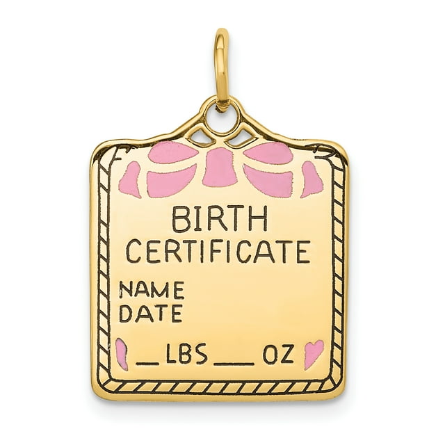 14K Yellow Gold Enameled Pink Engravable Birth Certificate Charm