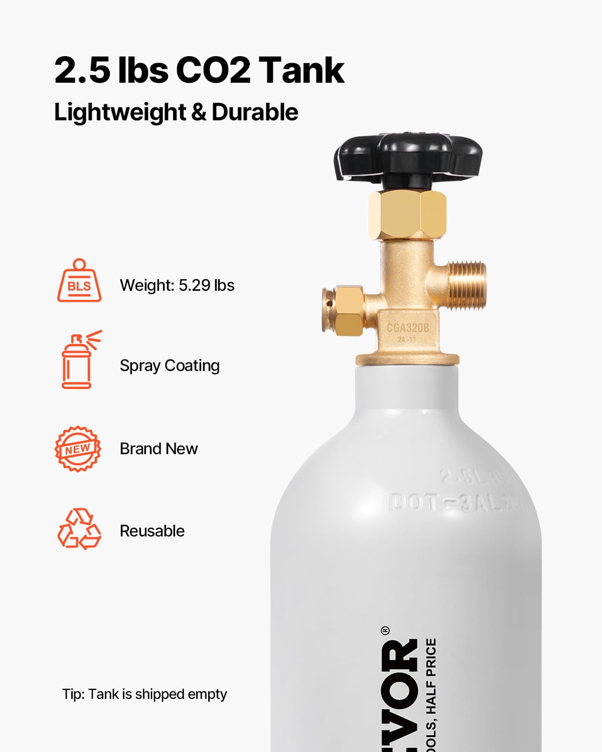 VEVOR CO2 Tank, 2.5 lbs New Aluminum Alloy Cylinder, CO2 Air Tank with Light Gray Spray Coating, CGA320 Valve & Adjustable Pressure, DOT Approved Cylinder for Draft Beer Dispensing and Soda Maker