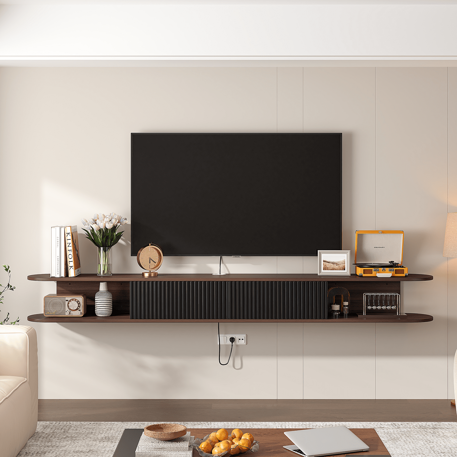 ​​FloatiCasa 78" Floating TV Stand Wall-Mounted Entertainment Center with 2 Doors and Vertical Groove Design for TVs up to 78" for Living Room and Bedroom, Walnut​​ and Black