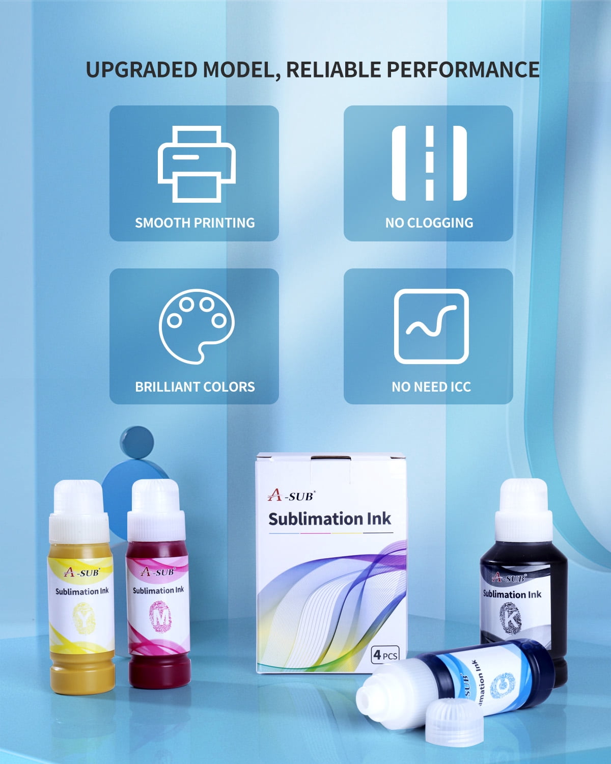 A-SUB Sublimation Ink Refill for Inkjet Ecotank Inkjet Printers, ET-2400 ET-2720 ET-2760 ET-2800 ET-2803 ET-4700 ET-4760 ET-15000 , Heat Transfer on Mug, Tumblers, T-Shirts