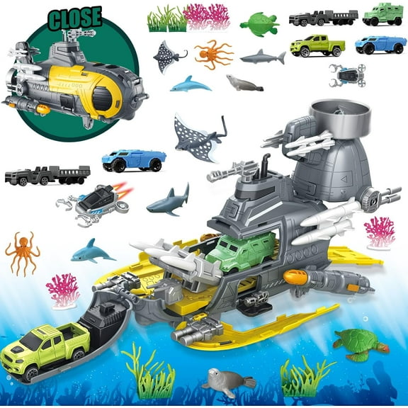 Frontoytall Ocean Explorer Playset - Submarine Toy with 12 Deep Sea Animals (Sharks/Dolphins/Turtles) & Truck Cars, Plastic Coral Reef Habitat for Kids Ages 3 