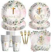 God Bless Baptism Decorations Tableware Girl - First Communion Decorations Supplies, Plate, Cup, Napkin, Fork, Baptism Plates And Napkins Set For Christening Baby Shower Religious | Serve 24