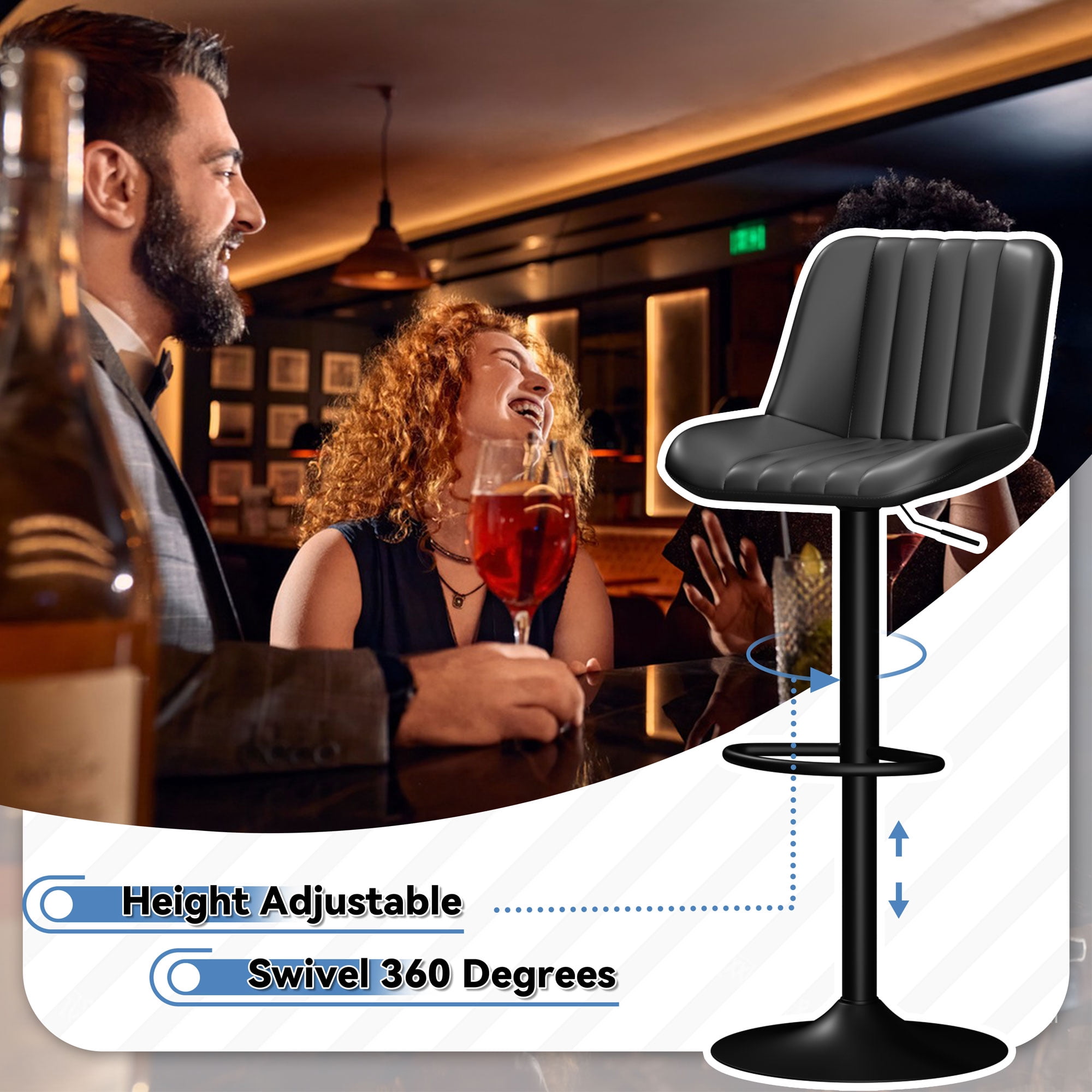 Walsunny Adjustable Bar Stools Set of 4 Leather Upholstered Swivel Counter Stools Counter Height Bar Stools with Large Base, Room Bar, Black