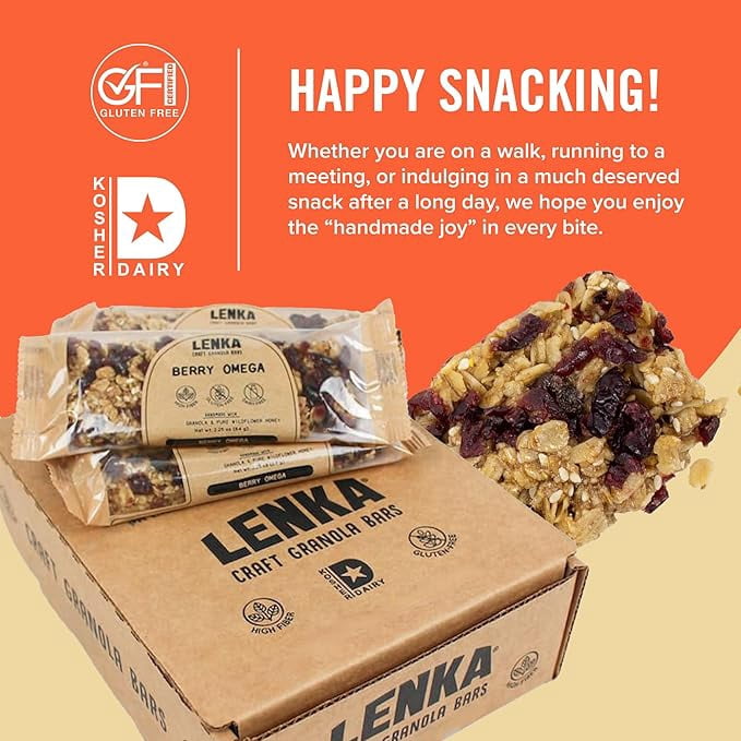 LENKA Handmade Craft Granola Bars - Berry Omega Gluten Free High Fiber - Nutritious Snack Bar with Granola - 12 Pack