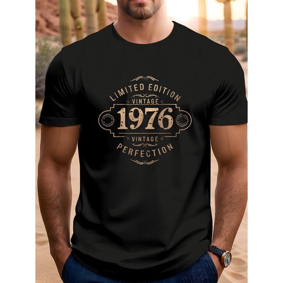 Men's Vintage 1976 Limited Edition T-Shirt - Black Retro 70s Graphic Tee with Golden 70s print, Limited Edition Design, Regular Fit Crew Neck Short Sleeve Shirt for Gym, Hiking, Casual Wear