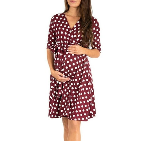 

Pregnant Maternity Dresses Summer Women Polka Dot/Floral Print Pregnant Clothes Short Sleeve with Adjustable Waist Strap