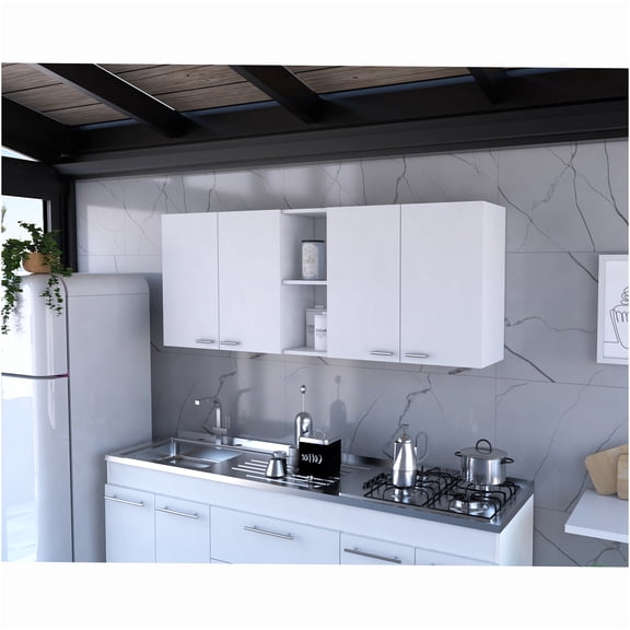 JERFIT White Wall Mount Cabinet with Doors & Shelves, Modern Kitchen or Bathroom Storage Cupboard Organizer, Particle Board Wall Unit for Display and Organization