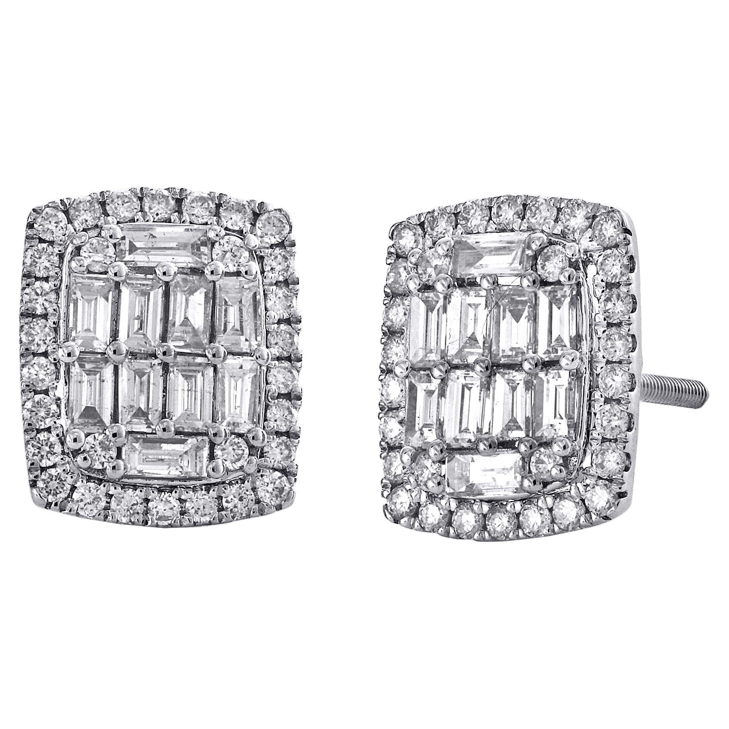 14K White Gold Baguette Cut Diamond Square Halo Studs 11mm Cluster