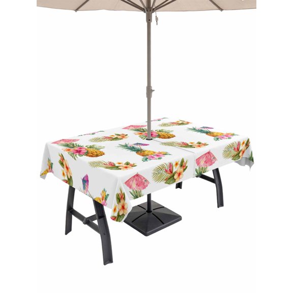Outdoor Tablecloth with Umbrella Hole for Patio/Picnic/Party/Camping, Tropical Pineapple Waterproof Table Cloth Rectangle Table Cover Washable, Summer Palm Leaves Flowers (54"x 80")