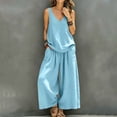 thumbnail image 4 of sdhkgrrt Women's 2 Piece Lounge Outfit V Neck Sleeveless Tank Matching Wide Leg Pants Loose Boho Vacation Casual Set Solid Travel Tracksuit Clothing, Light Blue S, 4 of 7
