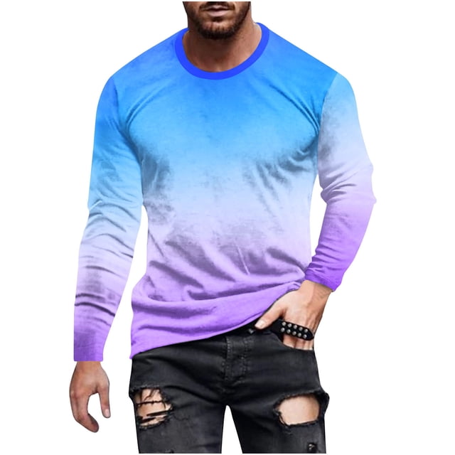 VALMASS Long Sleeve Shirts for Men Plus Size Gradient Round Neck Lightweight Tops Casual Soft Pullover Blouses (XL, B Blue)