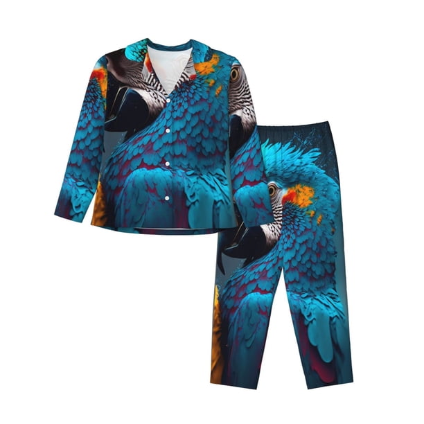 Fotbe Modern Style Blue Parrot Conjunto de Pijama de Manga Larga para Mujer con Estampado, Ropa de Dormir de 2 Piezas, Conjunto de Casa Suave y Cómodo con Bolsillos-X-Large