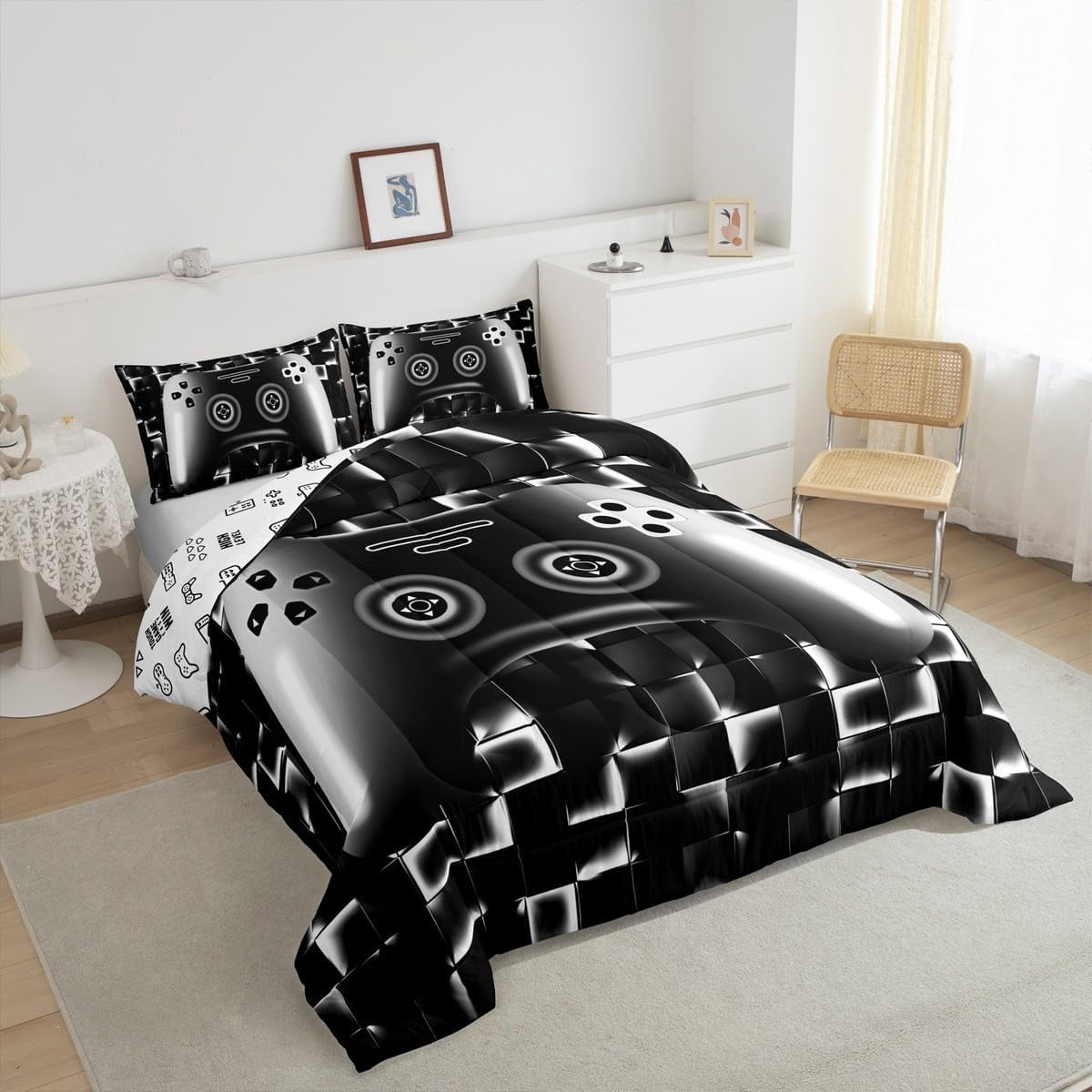 Erosebridal Gaming Comforter Teens Game Bedding Set Gamer Comforter Set For All Season Gamepad Room Decor Duvet Quilt Twin Size,1 Comforter With 1 Pillowcase Neon Black White Grey