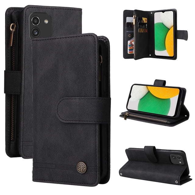 Case for Samsung Galaxy A03 Cover Zipper Pocket Wallet Case Magnetic Protective - Black
