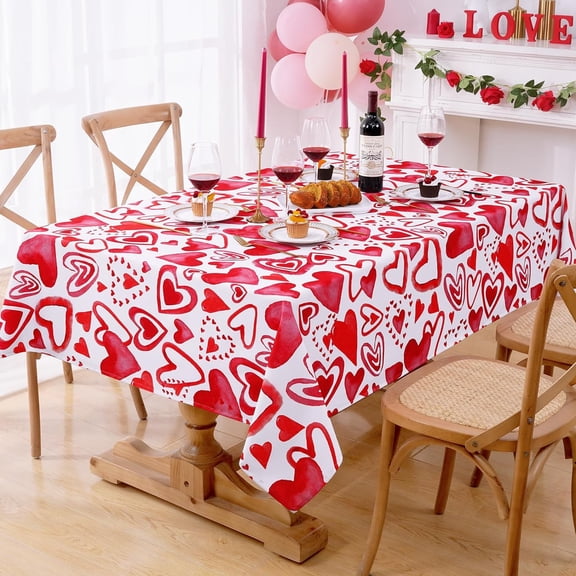 Valentine''s Day Table Cloth Rectangle 60 x 84 Inch, Red Love Heart Table Cloth, Romantic Heart Tablecloths, Waterproof Polyester Spillproof Tablecloth for Valentines Wedding Party Decoration