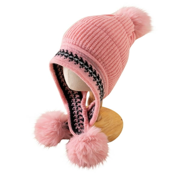 Xfvqtps Children Beanie with Earmuffs Plush Pompom Tassels Knitted Winter Printing Thickened Stretch Windproof Coldproof Outdoor Warm Winter Hat Pink
