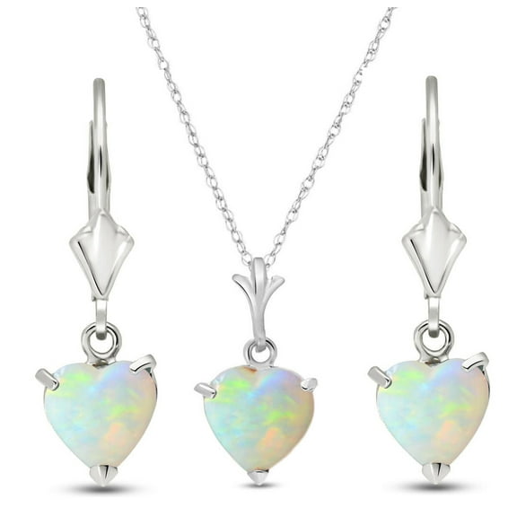 Galaxy Gold 14k White Gold Jewelry Set - Necklace and Earrings w/ Natural Heart-shaped Opals