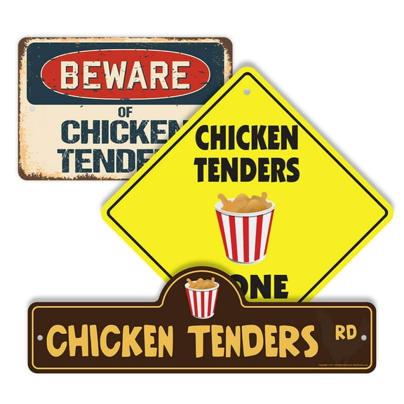 Chicken Tenders (3 Pack) Plastic Street Sign Crossing Sign Warning Sign Vintage Rustic Beware Warning Xing Food Fried Meal Snack Finger Sauce Crispy Lunch Dinner Kids