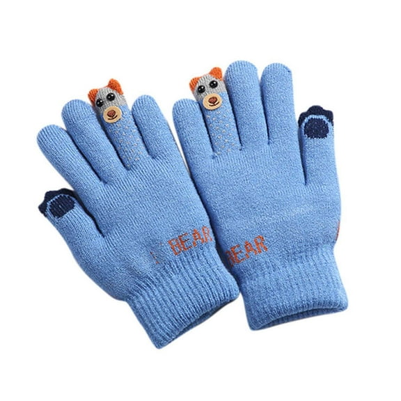 Children's Winter Cartoon Ski Gloves, 5-Finger Thermal Knitted Mittens for Kids, Plush Lined Cold Proof Gloves, Non-Slip Snow Play Gloves for Boys and Girls Ages 5-12 Blue