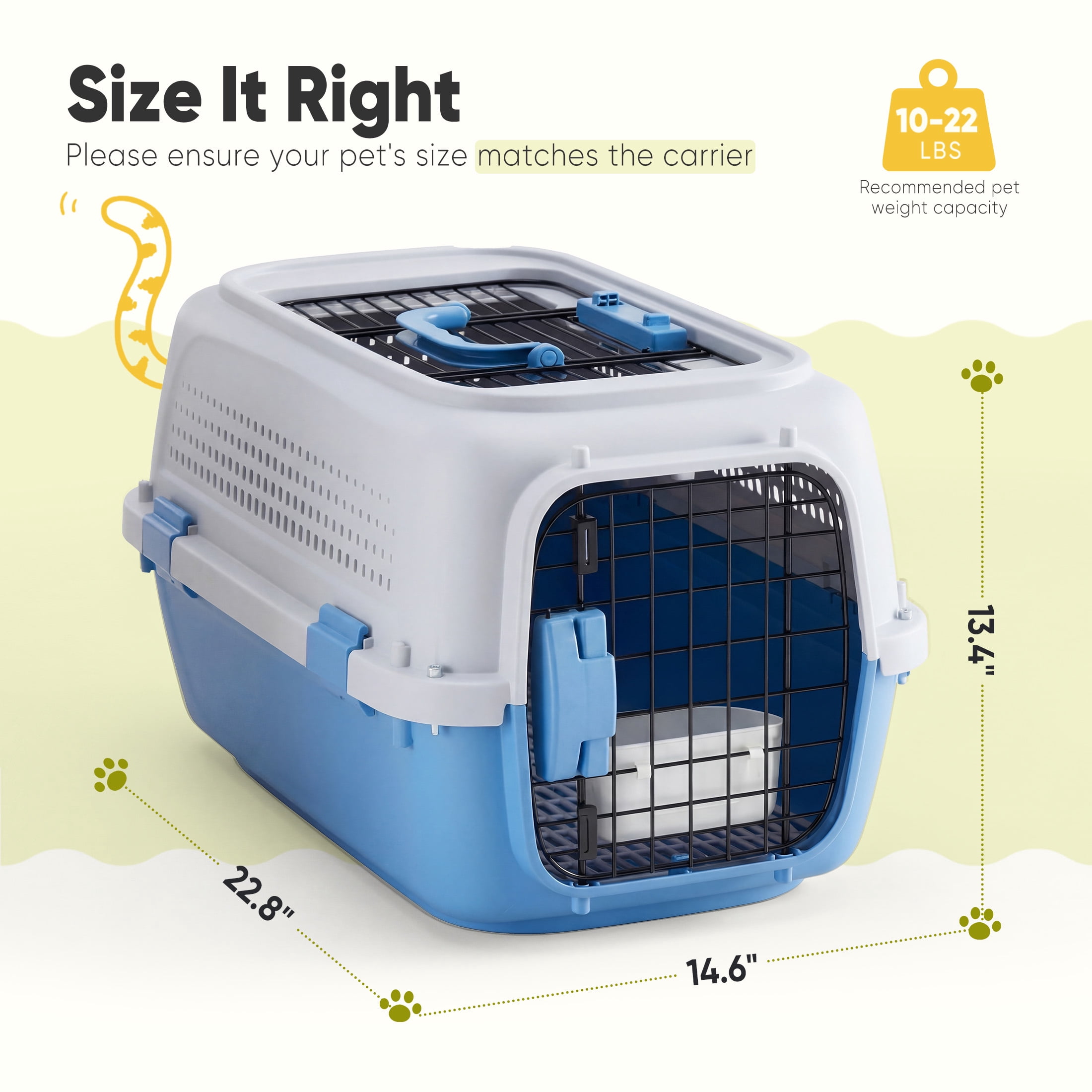 EDX Dog Crates for Small Dogs & Cat Carriers, Two-Door Plastic Pet Kennel, Top & Front Loading, 23", Gray&Blue