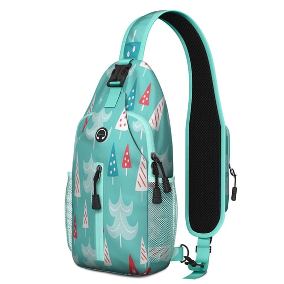 Sling Backpack,Turquoise Christmas Tree Pattern Crossbody Bag with Water Bottle Holder,Waterproof Sling Bag for Men/Women with Chest Phone Holder for Hiking,Travel