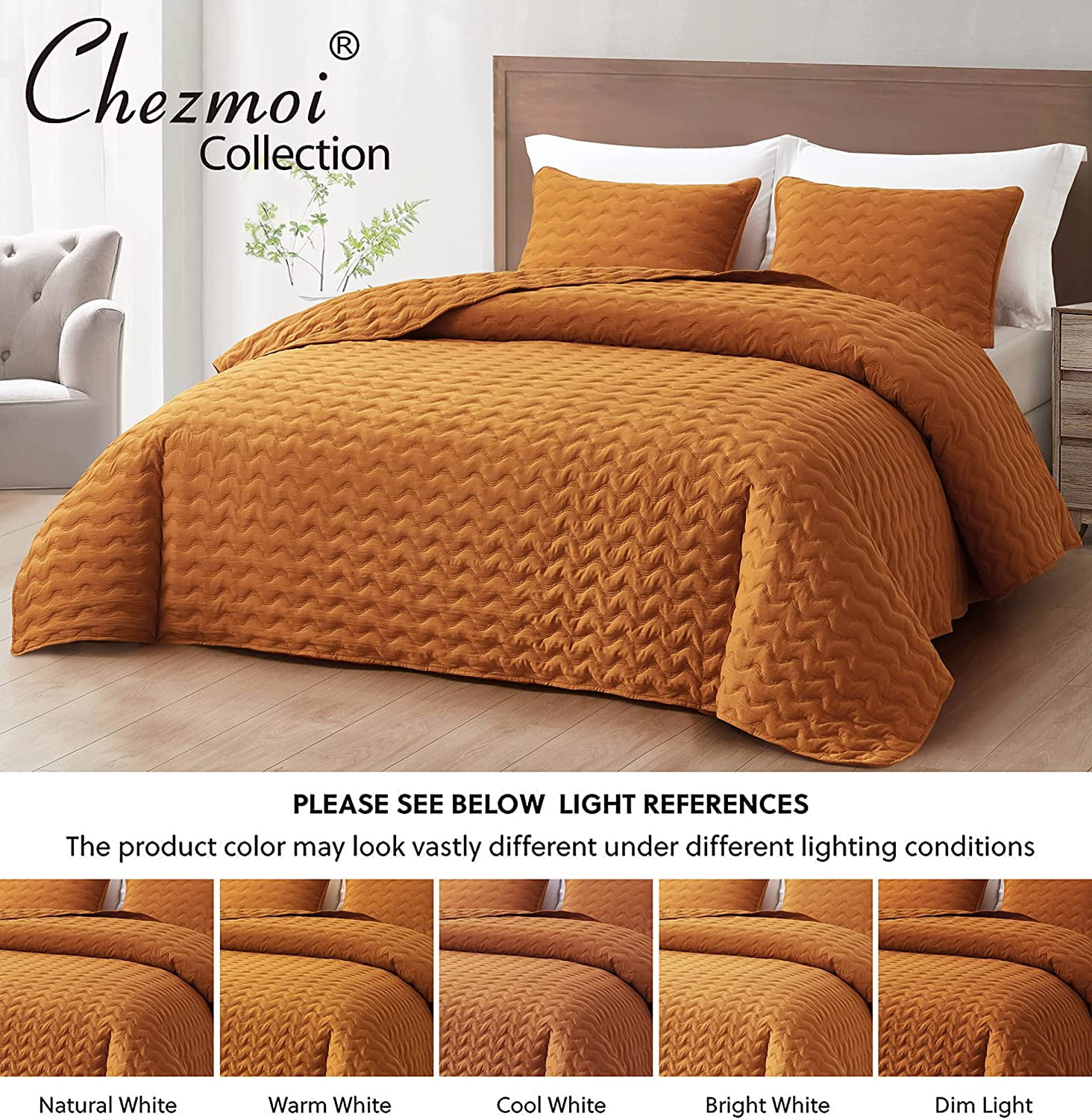 Chezmoi Collection Destiny 3-Piece Spice King Size Quilt Set - Stone-Washed Soft Microfiber Lightweight Quilted Bedspread Coverlet Set for All Seasons Wavy Line Stitching