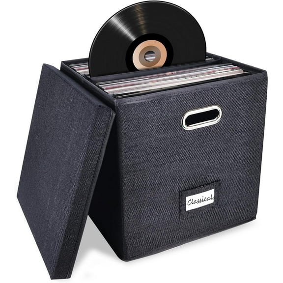 Sturdy Vinyl Record Storage Box - Album Storage Holds up 50 Single Record, LP Storage Organizer Crate With Lid, Decorative Moving Box For Records, Solutions to Protect Your Precious Collection Black
