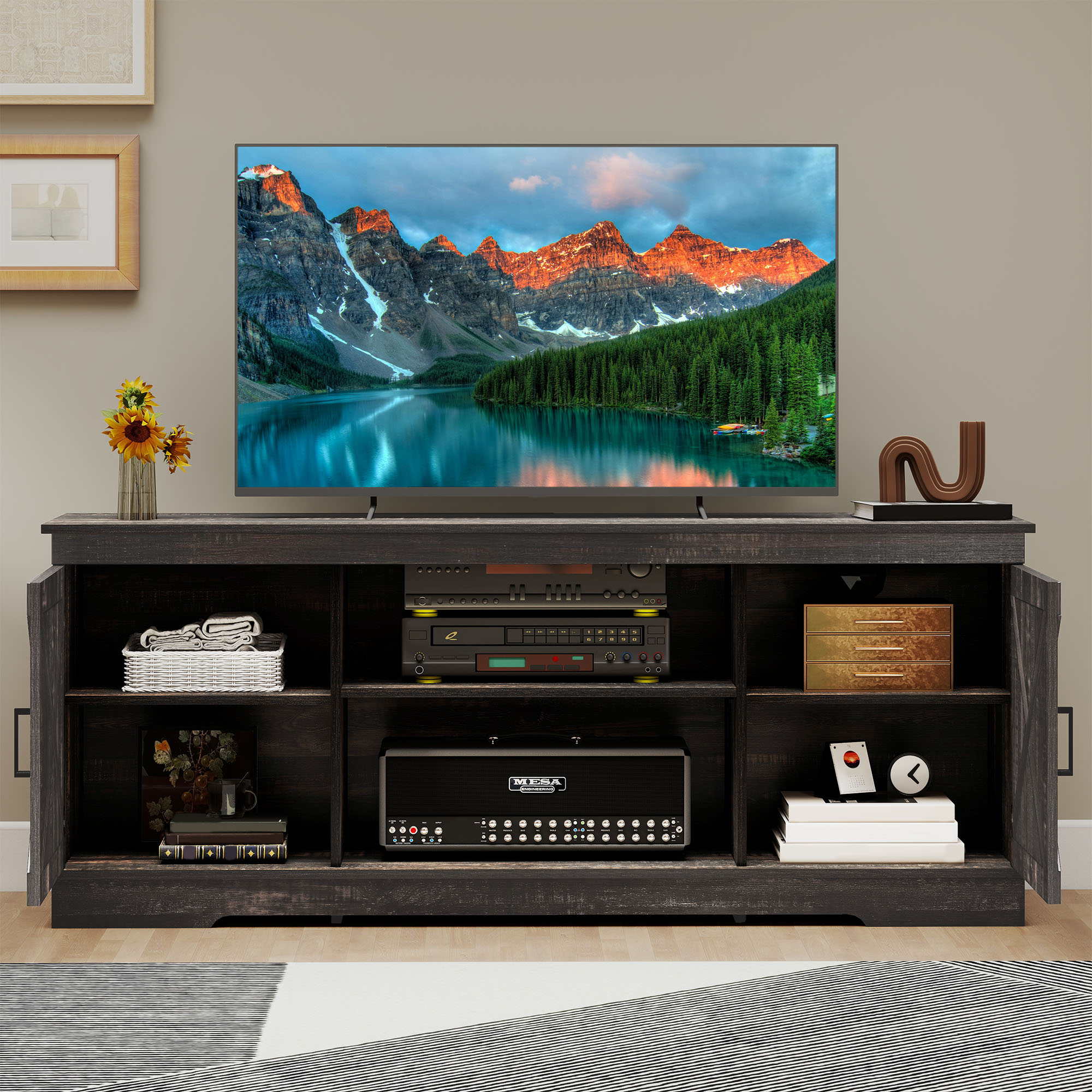 Uforic Farmhouse TV Stand for up 65" TVs, Entertainment Center Console Table for Living Room, Dark Oak