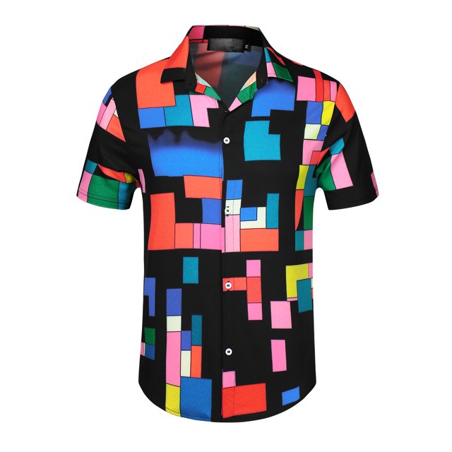 Unique Bargains Men's Irregular Geometric Short Sleeve Button Down Shirts Black Red S