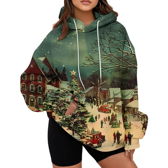 Women's Christmas Hooded Pullover Winter Thicken Sweatshirt Santa Claus Graphic Outfits Fleece Warm Clothing Snowflake Tops Festival Fashion Clothes