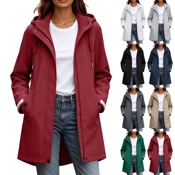 Zeijnsda Womens Zip Up Coats Women's Fashion Hooded Long Jackets Water Resistant Windproof Outdoor Jackets Solid-Color Mid‑Length Loose Outerwear
