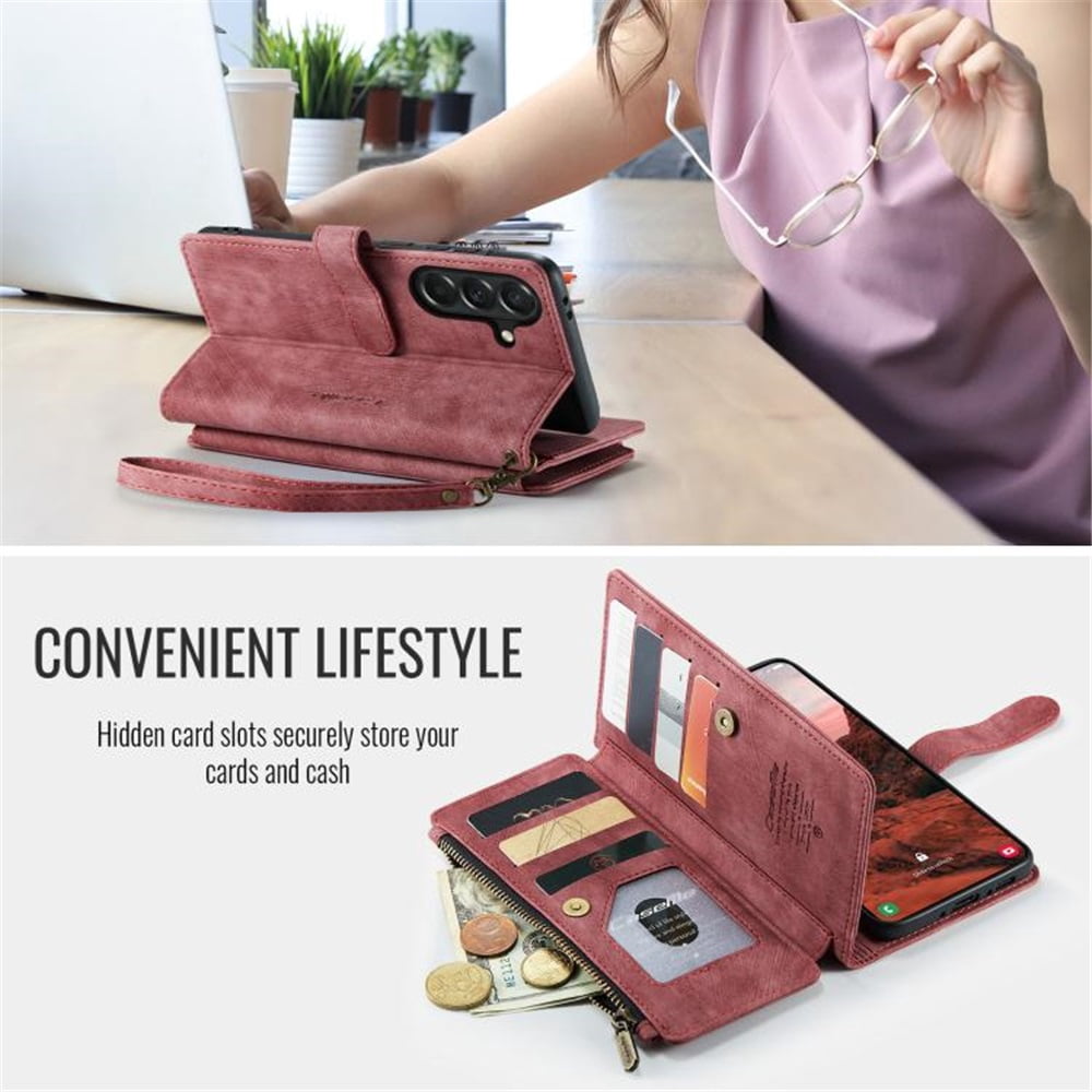 CaseMe Case for Samsung Galaxy A37 5G Wallet Case for Women Men, Fashion Durable PU Leather Magnetic Flip Lanyard Strap Wristlet 10-Card Holder Zipper Wallet Phone Case,Red,For Galaxy A37 5G
