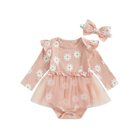 

FSDJHSDH Girls Romper Dress Daisy Print Long Sleeve Jumpsuits and Headband