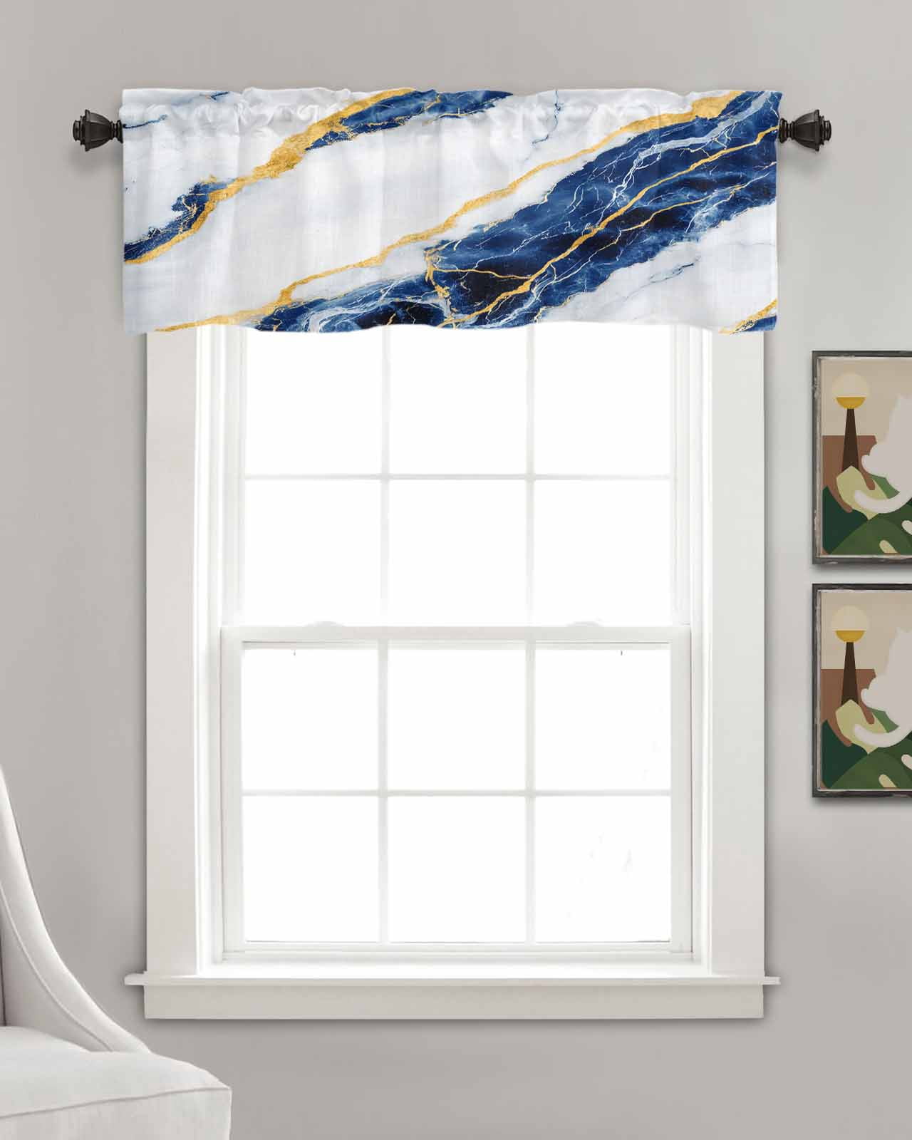 Marble Blue Kitchen Valances for Windows Farmhouse Linen Window Valance Curtain for Living Room Window Treatment Gold Foil Ceramic Style Cracks Scratches Valance Rod Pocket Topper Drape, 60 x 18 Inch