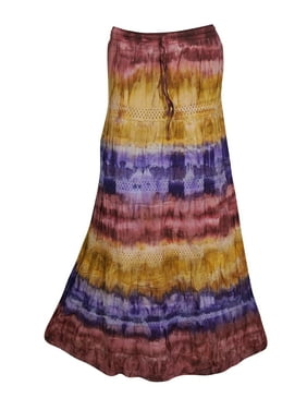 Mogul Tie Dye A-Line Long Skirt Flirty Boho Summer Fashion Cotton Tiered Lace Work Hippie Chic Skirts For Womens
