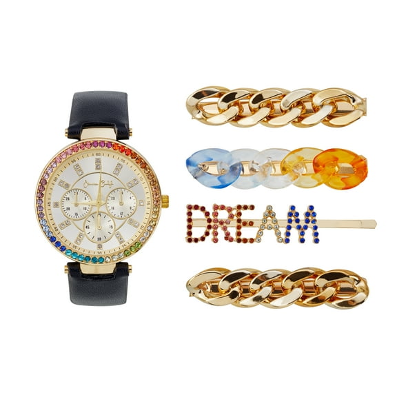 Jessica Carlyle Women's Black Leather Strap 38mm Analog Watch w/ Hair Clip Set