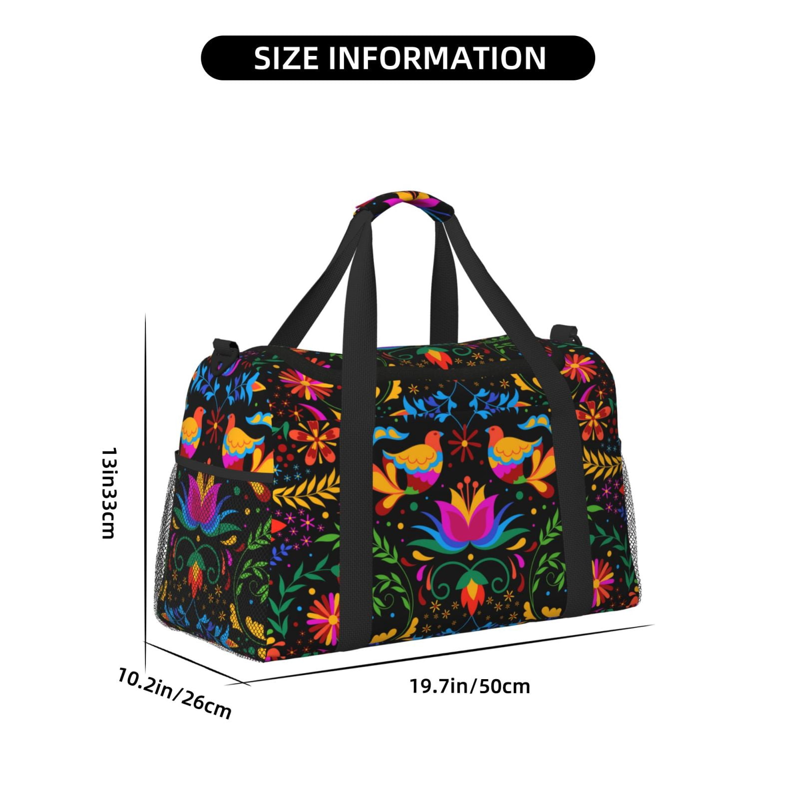 Defioc Mexican Flower Traditional1 Print Hand Travel Bag - Foldable Travel Duffel Bags for Men Women -Sport Gym Bag - Overnight Travel Duffel Bag - Adjustable Shoulder Strap