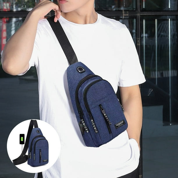 Bolsa de cofre USB externa para cargar | Bolso mensajero ligero de hombro para hombre | Poliéster duradero | Azul o Gris | 26,5x15,5x4,7cm | Senderismo, desplazamientos y viajes versátiles