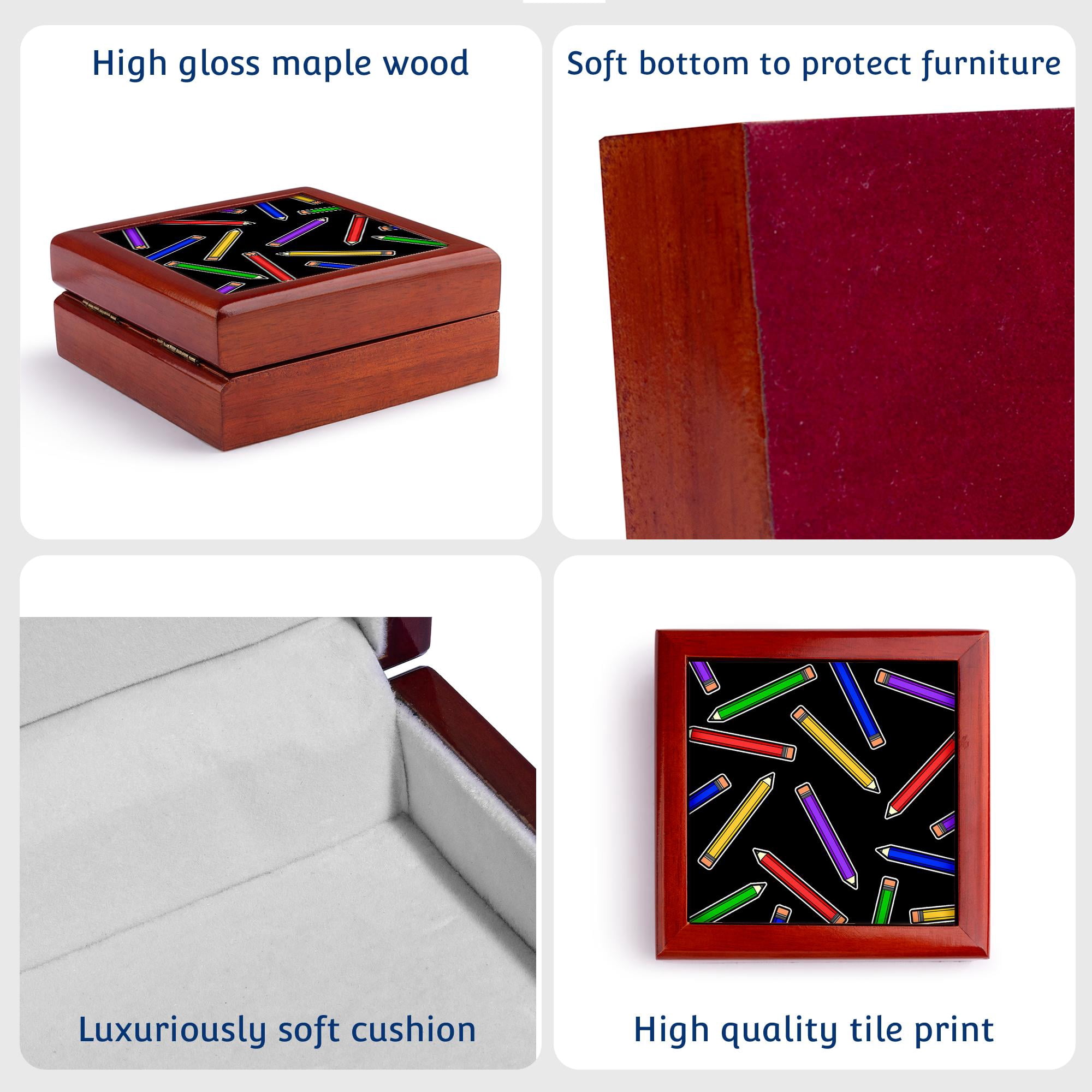 3dRose, Cute Cartoon Primary Colors Pencil Print - Black, Jewelry Box 5.5x5.5 inch with 4 inch tile