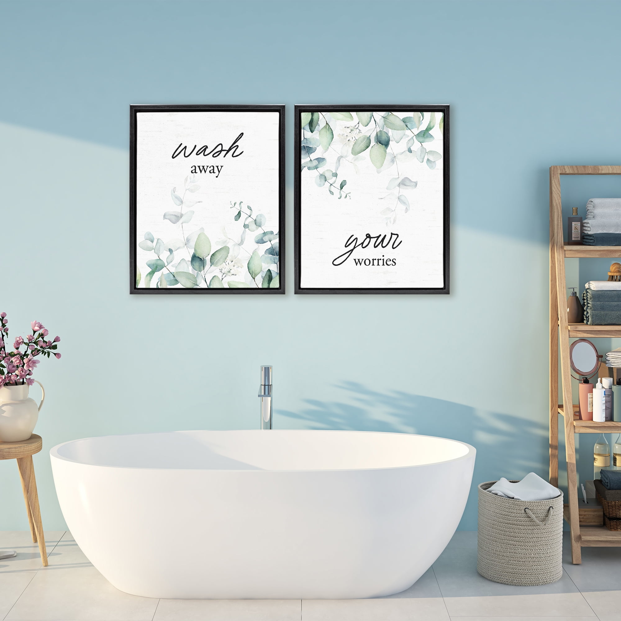 Wash Away Your Worries Leaves 2 Piece Black Framed Floater Canvas Set, design by Lettered and Lined