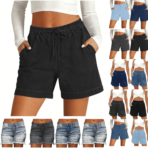 Jinhomg Summer Jean Shorts for Women Drawstring Elastic Wasit Cotton Denim Shorts High Waisted Pull On Stretchy Shorts with Pockets Black,S