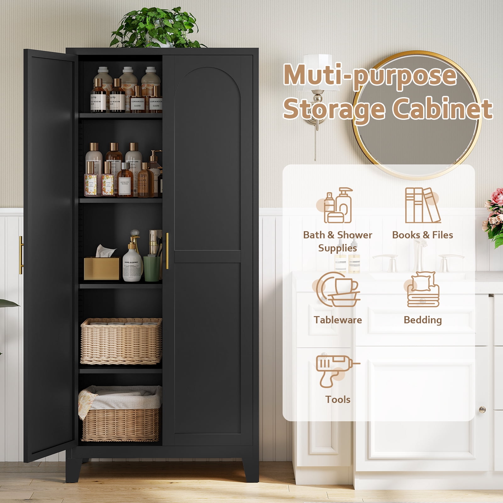 LIZEVINC 71.2in Pantry Cabinet, Metal Shapely Doors Cabinet with Doors and Adjustable Shelves, Food Pantry Cabinet for Kitchen,Dinning Room- Assembly Required(Black)