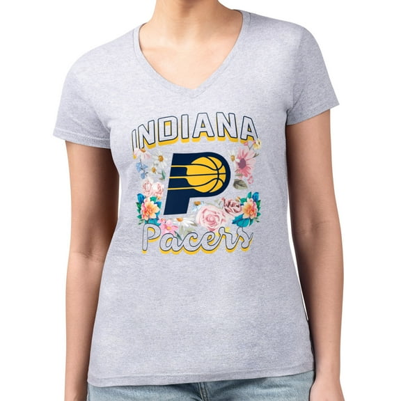 Women's G-III 4Her by Carl Banks Heather Gray Indiana Pacers Super-Slim Fit Lightweight Flowers Team Logo Graphic V-Neck