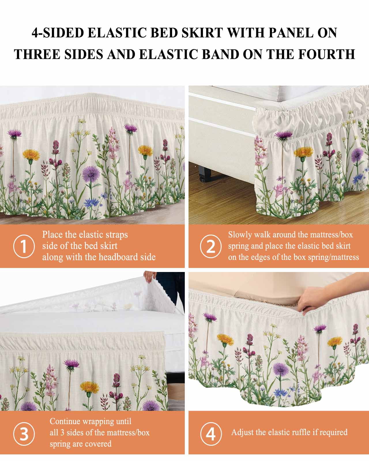 Spring Flowers Wrap Around Bed Skirts for Queen Bed 18" Drop, Bed Skirt with Adjustable Elastic Belt Dust Ruffle Bed Valance for Bedroom Hotel Luxury Wild Floral Herb Botanical Bed Frame Cover