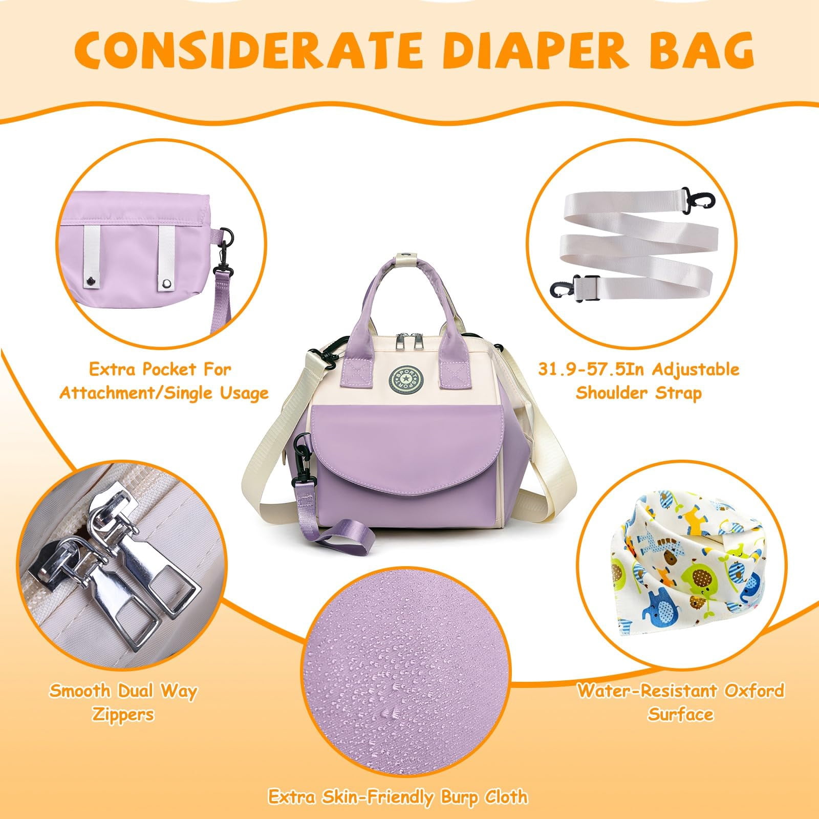 NCY Diaper Bag Tote, Baby Bag for Mom w/6 Pockets Burp Cloth Adjustable Shoulder Strap Detachable Small Bag