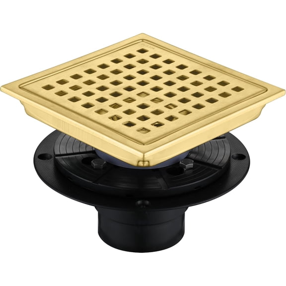 EastVita 4 inch Square Shower Floor Drain Quadrato Pattern Grate Removable with Flange Hair Filter Stainless Steel WatermarkCUPC Certified Brushed Gold Brushed Gold