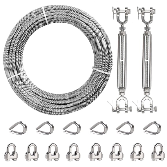 Tootaci 1/4" Wire Rope Kit, 50ft 1400 lbs Stainless Steel Cable with 1/4 Turnbuckle, Clamp & Thimble, 7x19 Strands Heavy Duty Metal Cable