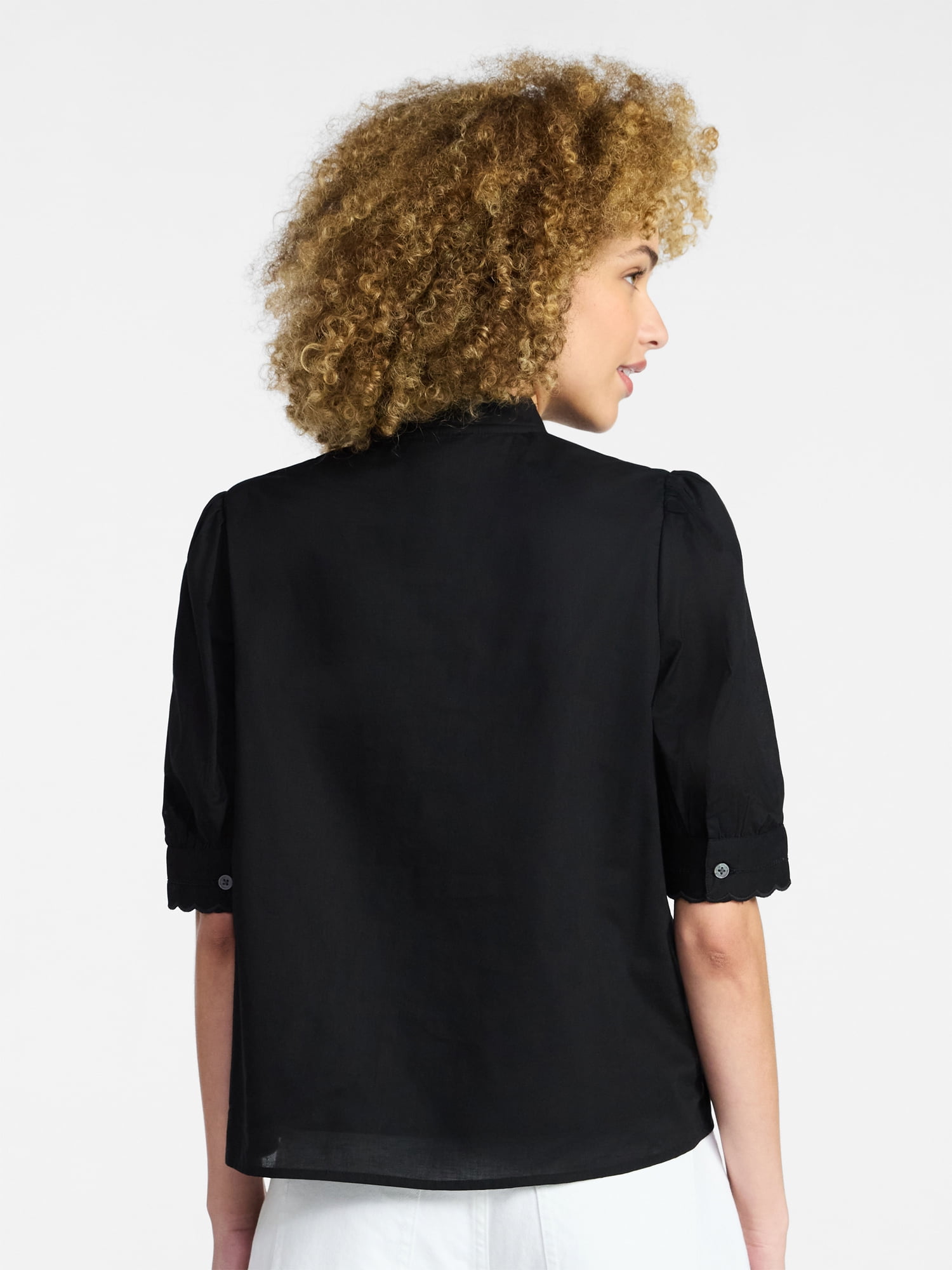 Time and Tru Women's Cotton Scalloped Edge Blouse with Short Sleeves, Sizes XS-XXXL